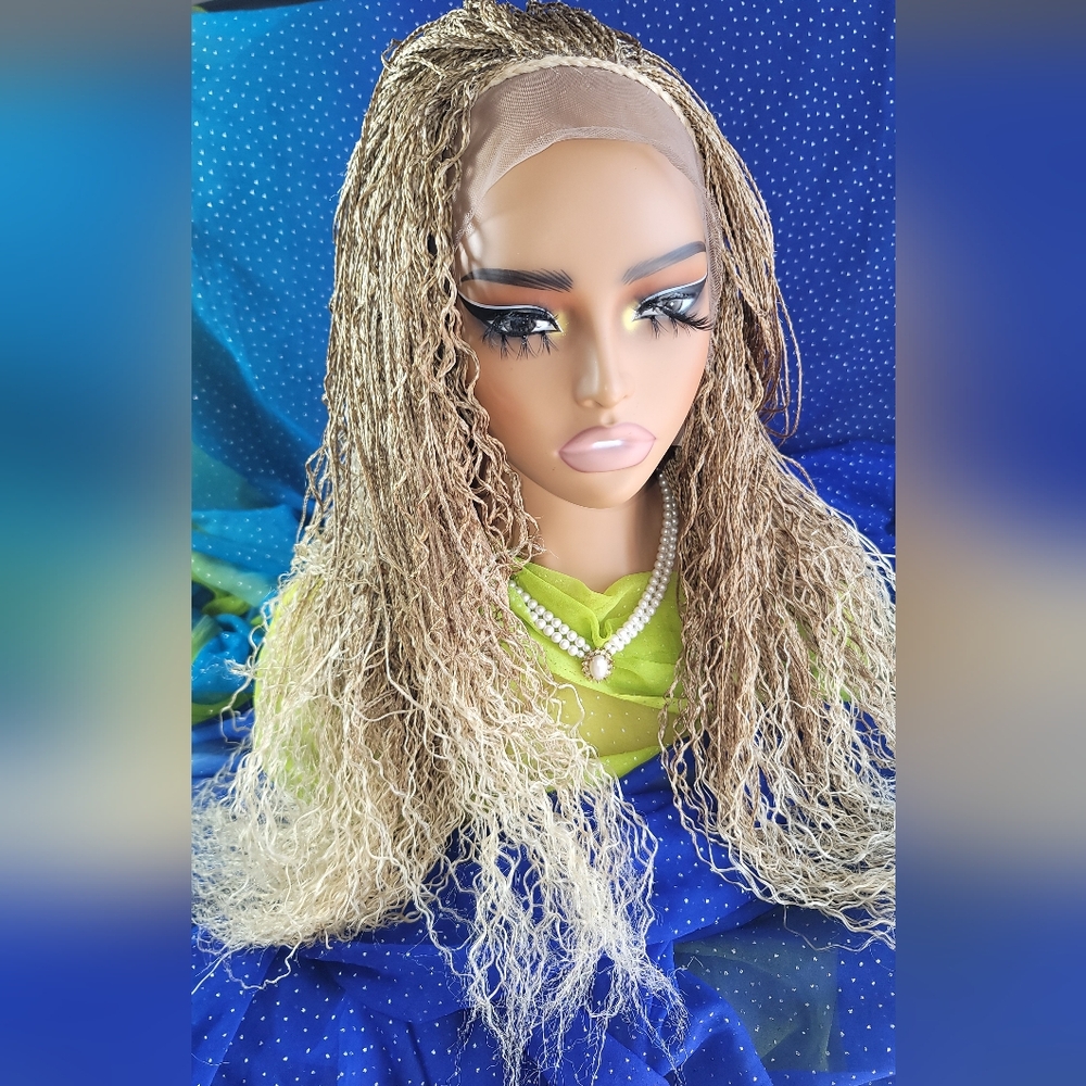 Micro Braided Wig boho | Blonde 613/27 Ombre | Long 22" | Curly Ends Full Lace โจ - Picture 5 of 15